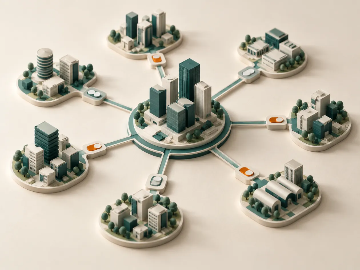 A paper model of a city laid out as a hub with spokes, with orange switches on some connections