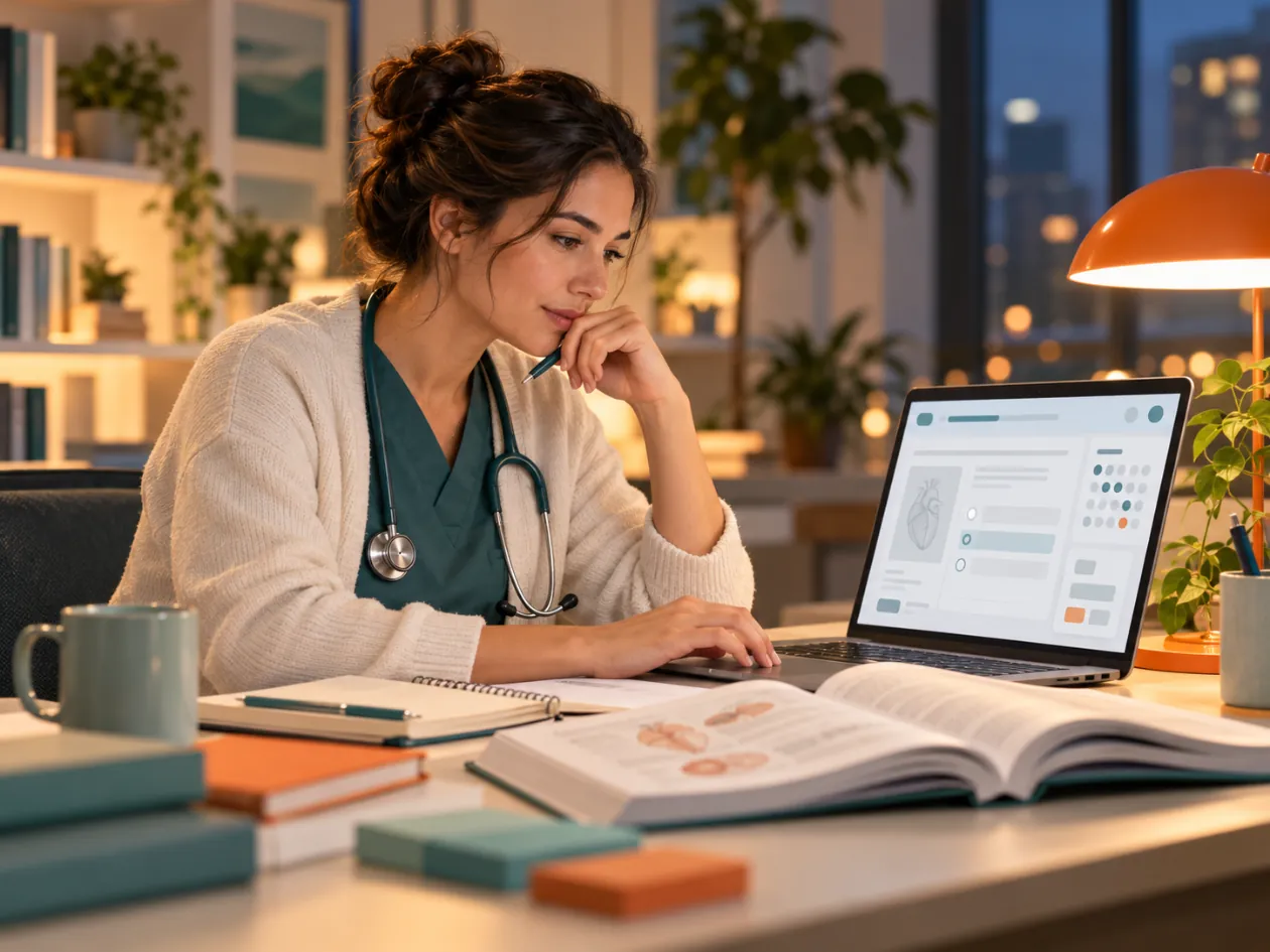 A doctor studying for a licensing exam at a laptop in the evening